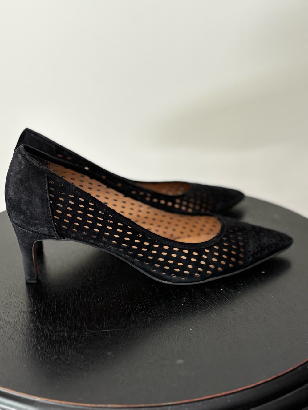 Franco Sarto Black Perforated Suede Pointed-Toe Pumps